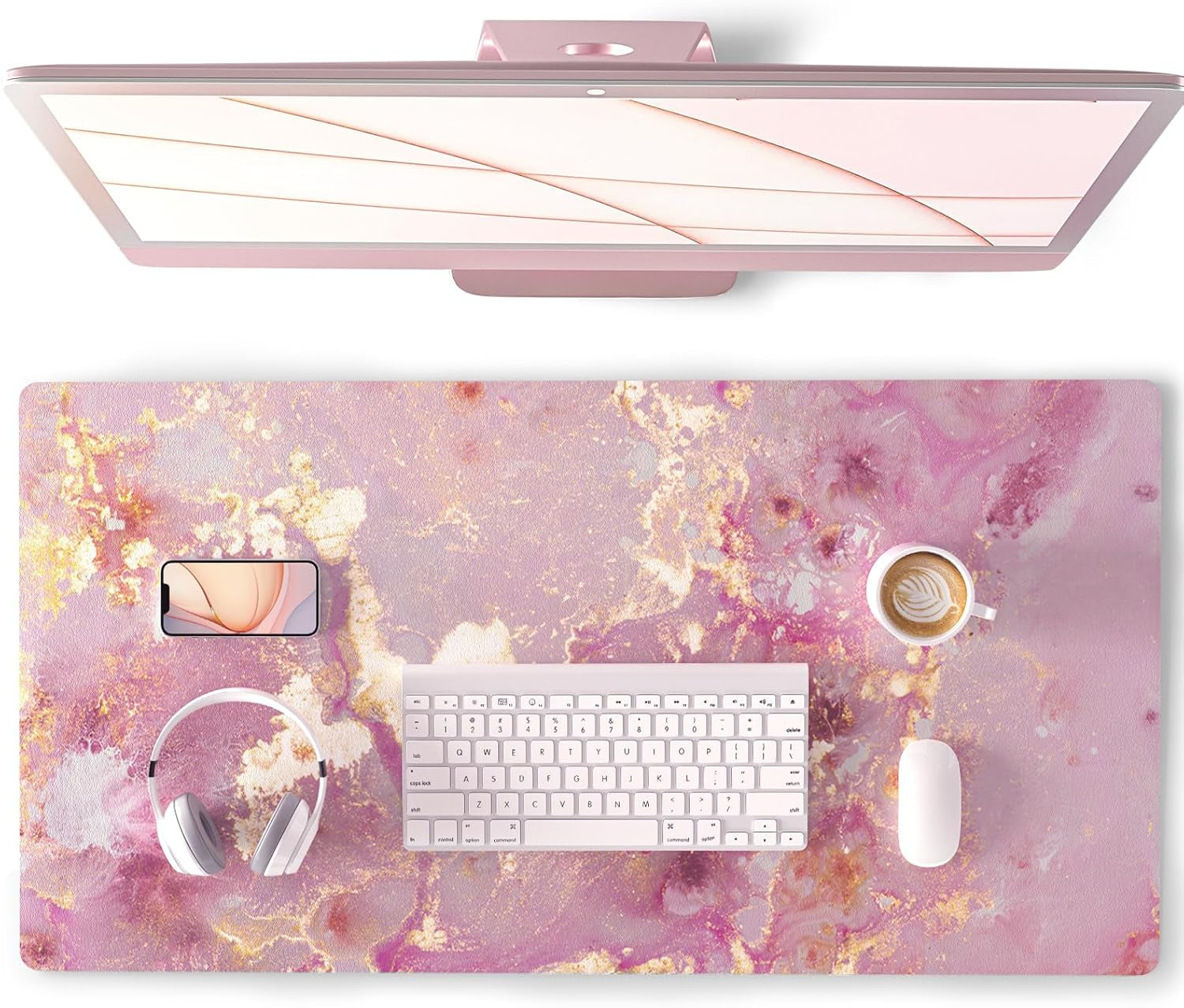 Large Mouse Pad, Cute Pink Desk Mat for Desktop, Women Girls PU Leather Waterproof Gaming Mousepad, Rose Gold Marble Computer PC Laptop Protector Writing Pads for School Office Home 31.5" X 15.7"